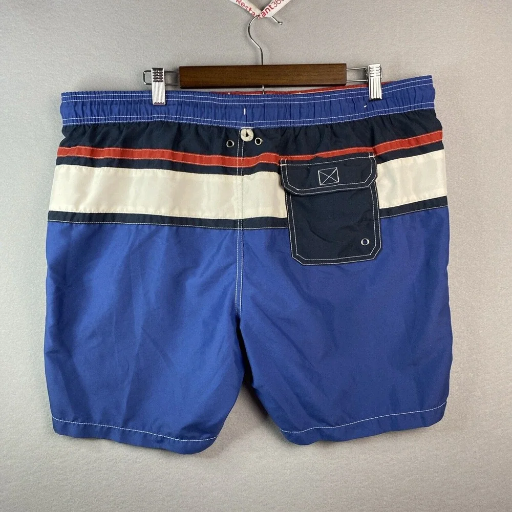 Boston Traders Men XL Swim Trunks Blue White Red Striped Mesh Lined Board Shorts